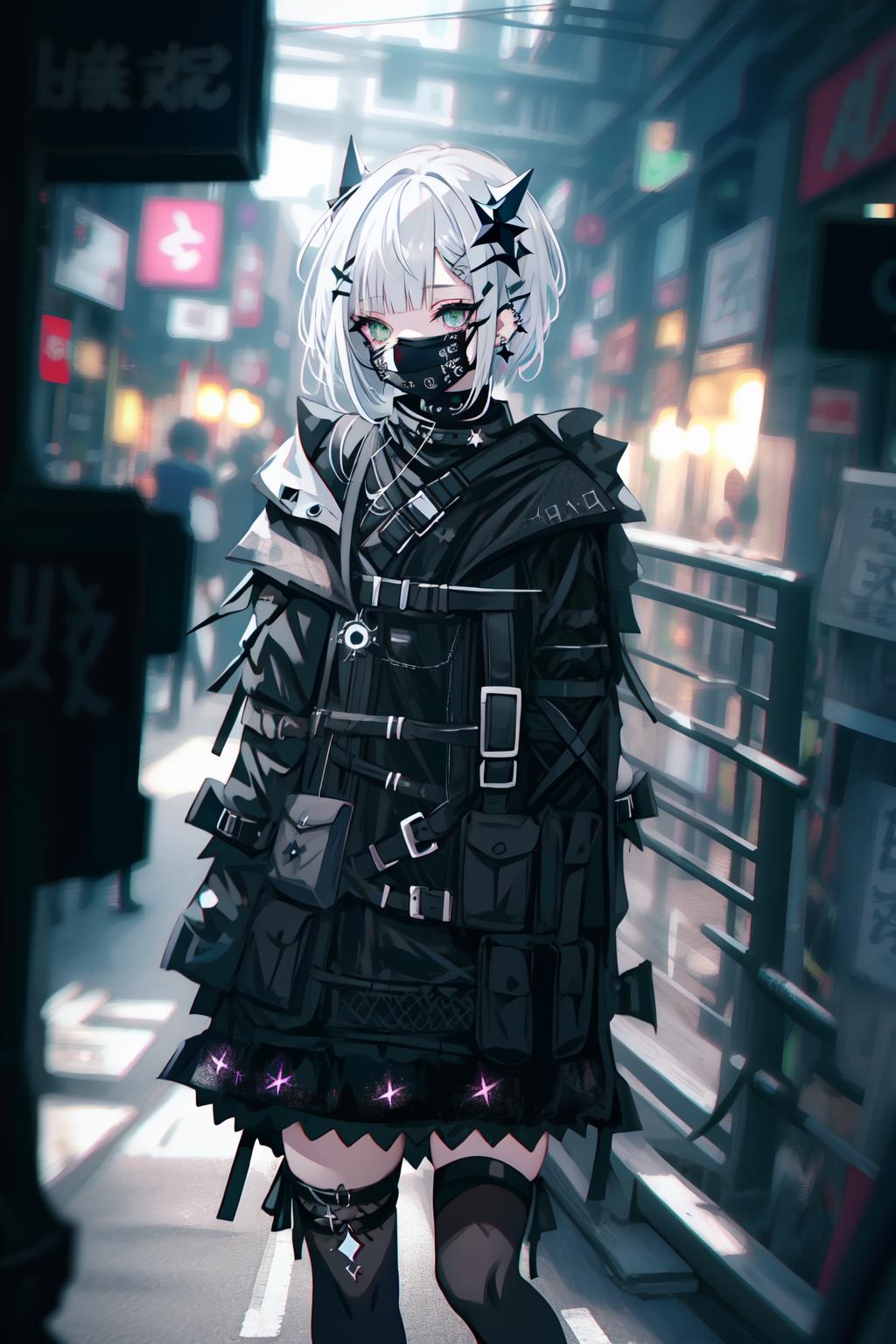 A woman in a black outfit and a mask walking down a street - SeaArt AI