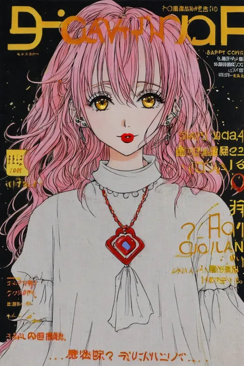 solo, NANA, BREAK, manga, BREAK, Ai Yazawa, drawing lines, ink lines, BREAK, <lora:1707332749907473054:0.6>, BREAK, long pink hair, yellow eyes, BREAK, makeup, pink lipstick color, BREAK, white dress, ear piercing, BREAK, happy face look, portrait, BREAK, magazine cover, BREAK, <lora:Magazine-10:0.7>, BREAK, high quality, (masterpiece)