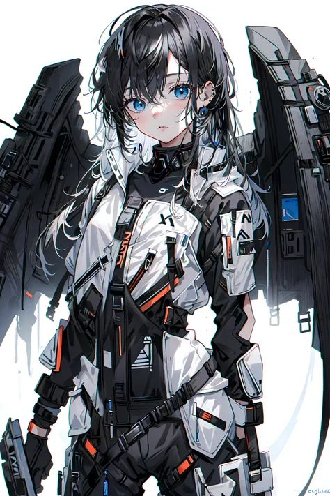 (masterpiece:1.2), detailed, 1 girl, solo, angel wings, techwear, white hair, black hair, multiple color hair, very long hair, white background