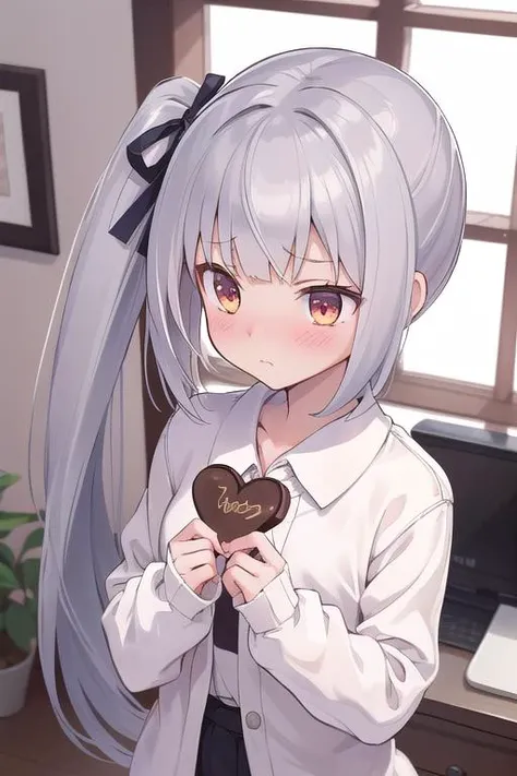 masterpiece,best quality,ultra detail, 1girl,petite,indoor,admiral's office<lora:kasumi:0.7>kasumikainiKC,side ponytail, long hair, hair ribbon,winter outfit,presenting chocolate,heart,shy,blush,looking away,from above,large chocolate