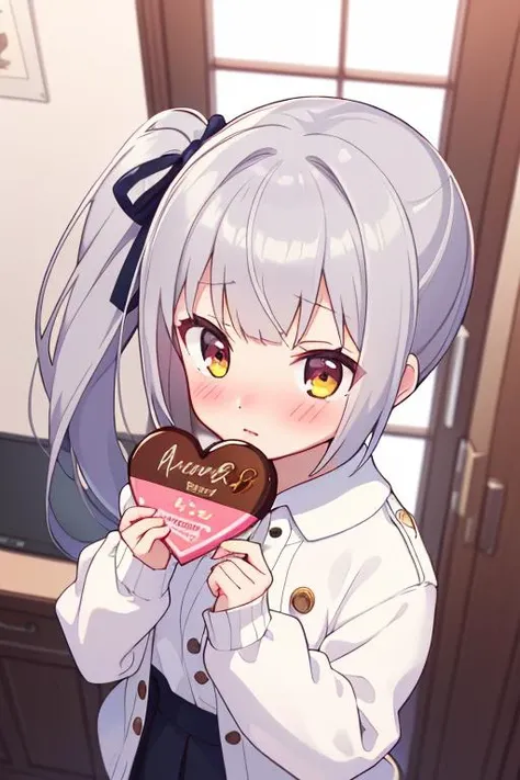 masterpiece,best quality,ultra detail, 1girl,indoor,admiral's office<lora:kasumi:0.7>kasumikainiKC,side ponytail, long hair, hair ribbon,winter outfit,presenting chocolate,heart,shy,blush,looking away,from above,large chocolate