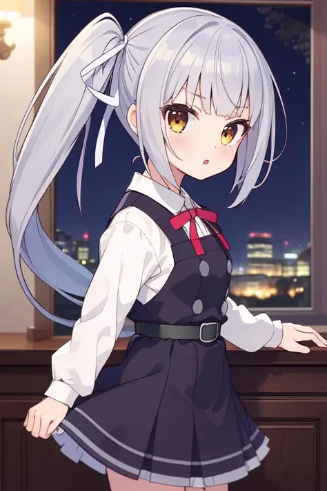 masterpiece,best quality,ultra detail, 1girl,night,evening, <lora:kasumi:0.7>kasumikainiKC,side ponytail, long hair, ribbon, hair ribbon, white shirt, belt, pinafore dress, long sleeves,