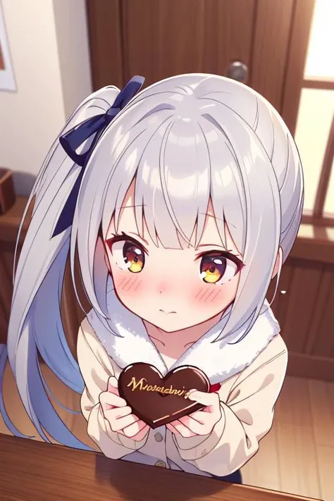 masterpiece,best quality,ultra detail, 1girl,indoor,admiral's office<lora:kasumi:0.7>kasumikainiKC,side ponytail, long hair, hair ribbon,winter outfit,presenting chocolate,heart,shy,blush,looking away,from above,large chocolate