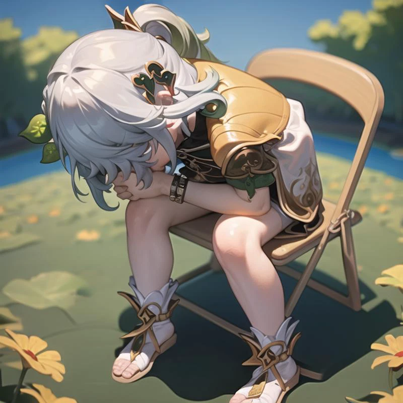 (best quality, masterpiece:1.4), nahidadef<lora:Nahida:1> <lora:shinjiInAChairMeme_v10:1> shinjichair, sitting, head down,, chair