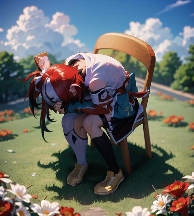 (best quality, masterpiece:1.4), outside, morning light, park, flowers, petals, hakosdef <lora:Hakos Baelz:1> <lora:shinjiInAChairMeme_v10:1> shinjichair, sitting, head down,