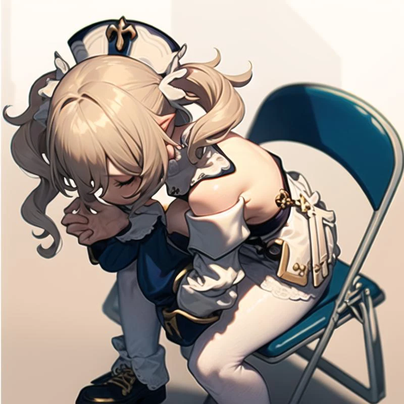 (best quality, masterpiece:1.4), barbaradef <lora:Barbara:1> <lora:shinjiInAChairMeme_v10:1> shinjichair, sitting, head down,, chair