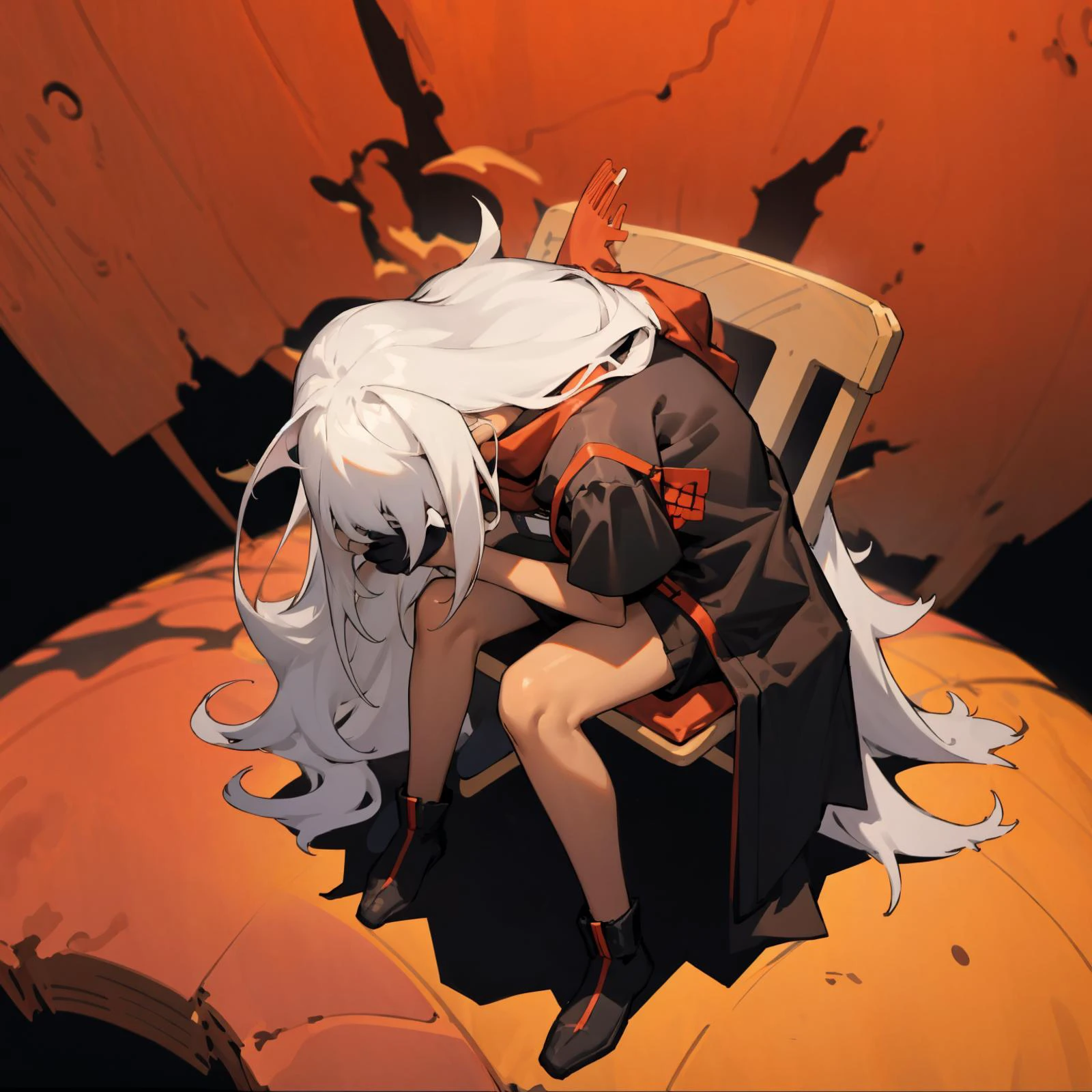 tanned girl with long white hair sitting head down, t-shirt, black coat, red scarf, flat chest, black mini shorts, shinjichair <lora:concept_shinjichair:1>
