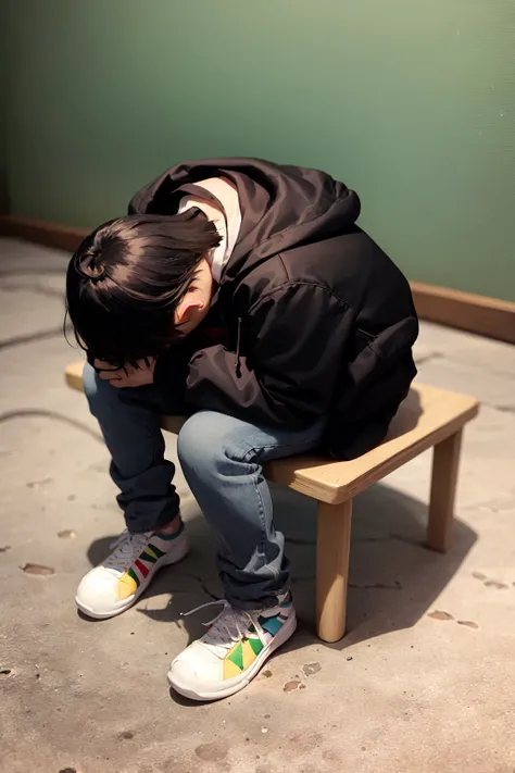 (masterpiece, best quality:1.2), <lora:concept_shinjichair-10:1>, solo, male focus, 1boy, shinjichair, sitting, head down, short black hair, hooded jacket, jeans, sneakers