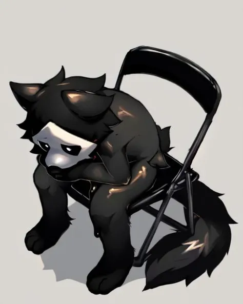 <lora:concept_shinjichair-10:1.2> , by zackary911, (coffeesoda:1.1), hioshiru, puro, ((solo)), anthro, male, slime boy, goo creature, black body, white mask, black sclera, white eyes, black slime, dripping, glistening body, wolf ears, wolf tail, (fluffy tail), snout, fur, 2022, lidded eyes, nude, gray background, ((shinjichair)), sitting, ((head down)), chair, <lora:puro-v1-fluffyrock-locon:1>