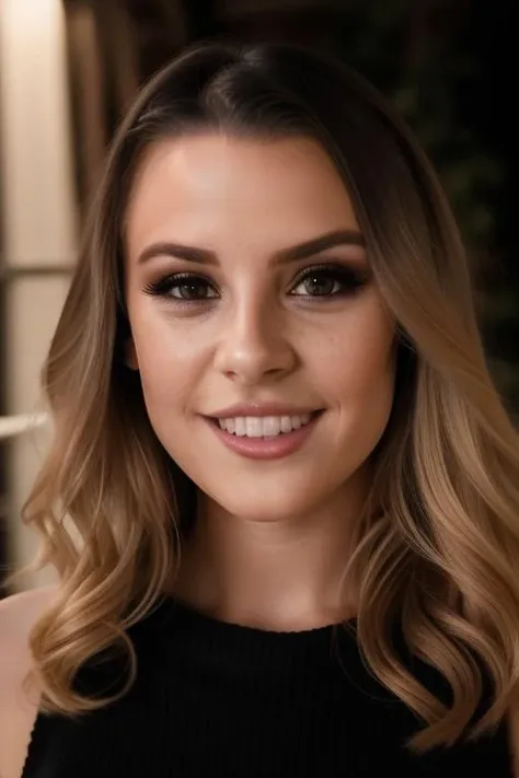aubreysinclairlora,(wearing a black sweater:1.2),(RAW photo, best quality), (realistic, photo-realistic:1.4), masterpiece, an extremely delicate and beautiful, extremely detailed, 2k wallpaper, Amazing, finely detail, extremely detailed CG unity 8k wallpaper, ultra-detailed, highres, soft light, beautiful detailed girl, extremely detailed eyes and face, beautiful detailed nose, beautiful detailed eyes,cinematic lighting,city lights at night,perfect anatomy,slender body,smiling <lora:aubreysinclairlora:1>