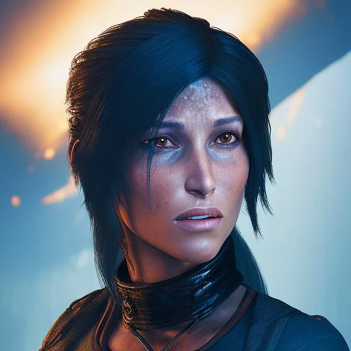 (laracroftsd) as scifi character with blackcyberpunk jacket with glowing blue details, short blue with yellow streaks hairstyle, ultra realistic digital art, highly detailed, digital painting, artstation, concept art, smooth, sharp focus, artgerm illustration, 8k, medium distance portrait pose camera shot