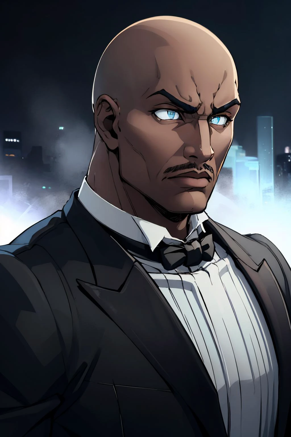 masterpiece, best quality, <lora:zs_CommanderGore:1> goresmtsj, bald, black suit, bowtie, dark skin, dark-skinned male, facial hair, no pupils, upper body, serious, <lora:Gloomifier_V2_TheGlow:1.4>
