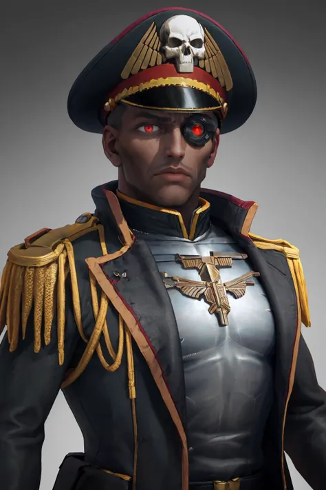 masterpiece, best quality, 1boy, male focus, <lora:edgWar40kCommissarv1:1> edgCommissar, millitary uniform, artificial eye, epaulettes, skull emblem, hat, wearing edgCommissar, upper body, expressionless, handgun, holding gun, bolter, huge handgun, red eyes, <lora:zs_CommanderGore:0.8> goresmtsj, bald, dark skin, dark-skinned male, facial hair, no pupils