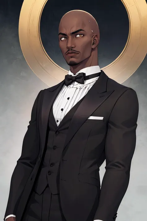 masterpiece, best quality, 1boy, male focus, solo, <lora:zs_CommanderGore:0.8> goresmtsj, bald, black suit, bowtie, dark skin, dark-skinned male, facial hair, no pupils