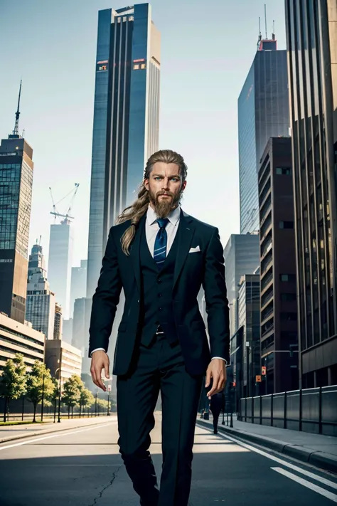 ((masterpiece, best quality))
 <lora:AssaMaleEivor:0.8>
AssaMaleEivor, 1boy, solo, long hair, beard, blonde hair, blue eyes, In a modern urban setting, tailored suit and tie, skyscrapers in the background, confidently walking with a cityscape behind