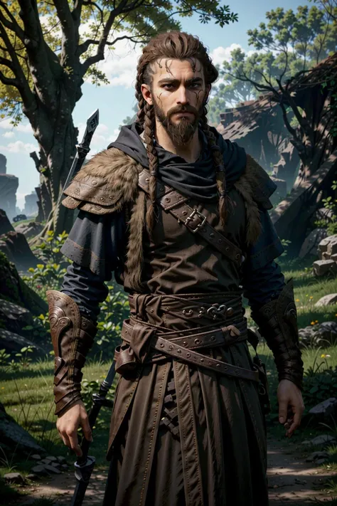 EivorMAssa, male focus, facial hair, 1boy, solo, beard, armor, outdoors, braid, weapon, brown hair, tree, day, holding, closed mouth, standing, black hair, sword, looking at viewer, holding weapon, blurry background
masterpiece, best quality,
<lora:epi_noiseoffset2:1>, <lora:EivorMAssa:0.7>