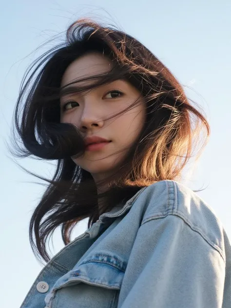 This photograph captures a close-up, low-angle view of a young woman with long, dark brown hair that is blowing gently in the wind. She is of East Asian descent, with smooth, fair skin and a natural, youthful appearance. Her face is partially obscured by her hair, which frames her face and partially covers her eyes. The texture of her hair appears silky and slightly tousled, giving it a natural, windblown look. She is wearing a light blue denim jacket, which is visible at the top of the image, with its fabric appearing soft and slightly worn. The background is a clear, pale blue sky, suggesting that the photo was taken outdoors during the day, possibly in the early morning or late afternoon, given the soft, golden light that enhances her features. The image exudes a sense of freedom and natural beauty, with the focus on the woman's face and hair, rather than her body or surroundings. The overall mood is serene and contemplative, emphasizing the beauty of the moment rather than any specific action or event.