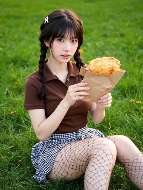 xiaohongshu style, a young Asian woman in her mid-twenties, sitting on a lush green grass field. She has a petite physique with a slim, toned build, and a fair complexion. Her hair is styled in two braided pigtails, secured with small silver hair clips. She wears a casual outfit consisting of a brown, short-sleeved polo shirt and a black and white checkered mini skirt. Her lower half is adorned with black fishnet stockings, adding a playful, retro vibe to her ensemble. She is holding a brown paper bag with a golden, crispy pastry, indicative of a recent snack break. In the background, the grass is vividly green with small yellow flowers scattered across, suggesting a serene, park-like setting. The photograph captures a candid moment, with a warm, natural lighting that enhances the vibrant colors and textures of the scene. The overall mood is relaxed and youthful, emphasizing a simple, enjoyable day in nature.