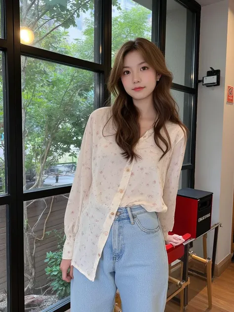 This is a photograph of a young Asian woman with a slim physique and fair skin, standing indoors in a modern cafe or restaurant setting. She has long, wavy, brown hair that cascades past her shoulders. Her attire includes a light cream-colored silk blouse with a subtle floral pattern, which is slightly sheer, revealing a hint of her pale blue jeans. She is accessorized with small, round pearl earrings. The background features large black-framed windows with glass panes, allowing a glimpse of an outdoor area with lush green foliage, and the interior of the cafe or restaurant with a mix of modern and rustic elements. To the right, there is a wooden stool with a red seat and a black metal base, and a metal rack with a red and black box. A sign on the wall near the windows displays a no-smoking symbol, and a small electronic device is attached to the wall. The overall ambiance is cozy and inviting, with a blend of natural and artificial lighting, creating a warm and welcoming atmosphere.