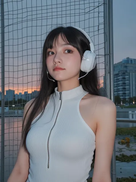 This is a photograph of a young Asian woman with long, straight black hair, standing outdoors near a metal fence. She has a slim physique with a small to medium breast size, and is wearing a fitted, white ribbed tank top that clings to her upper body. The tank top has a small, vertical zipper running down the center, adding a sleek and modern touch. She also wears a pair of white, over-the-ear headphones with a distinctive, oval-shaped design, which adds a futuristic and tech-savvy element to her appearance. 

The background features a large, rectangular metal fence with a grid pattern, through which a serene lake or river can be seen, reflecting the sky at sunset. The sky is tinged with hues of orange and blue, indicating either late afternoon or early evening. The setting appears to be a public park or recreational area, with a mix of urban and natural elements. The overall mood of the photograph is serene and contemplative, with a subtle hint of urban coolness.