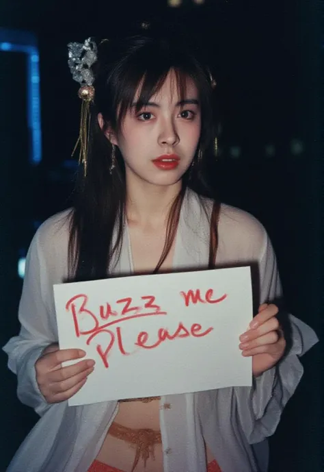 analog film photo of skin texture,detailed skin,
two-handed placard,
a sign that says "buzz me please" in red marker,
embarrassed,collarbone,light_beam,under water,<lora:wangzuxian_flux:1>,wzx,A beautiful very young woman of a Chinese costume beauty as a female character in the "The Phantom of the Condor Heroes",
sexy seduction on a blue moonlit night,, faded film, desaturated, 35mm photo, grainy, vignette, vintage, Kodachrome, Lomography, stained, highly detailed, found footage