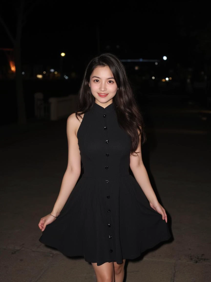 The image is a high-resolution photograph taken at night, featuring a slender young woman with fair skin and dark brown, wavy hair cascading past her shoulders. She is dressed in a sleeveless, black, high-necked dress with a fitted bodice and a flared skirt. The dress has a subtle sheen and is adorned with small, decorative buttons running down the center front. Her stance is relaxed, with one hand gently holding the skirt and the other arm slightly bent at the elbow, suggesting a casual, confident walk. The background is a dimly lit, paved pathway, possibly in a park or garden, with blurred, out-of-focus trees and buildings in the distance. The lighting is soft and diffused, highlighting her youthful appearance and the elegant, yet simple, design of her dress. The overall mood of the image is serene and playful, capturing a moment of leisurely enjoyment. The texture of the dress appears delicate and airy, contrasting with the solid, geometric pattern of the pavement.