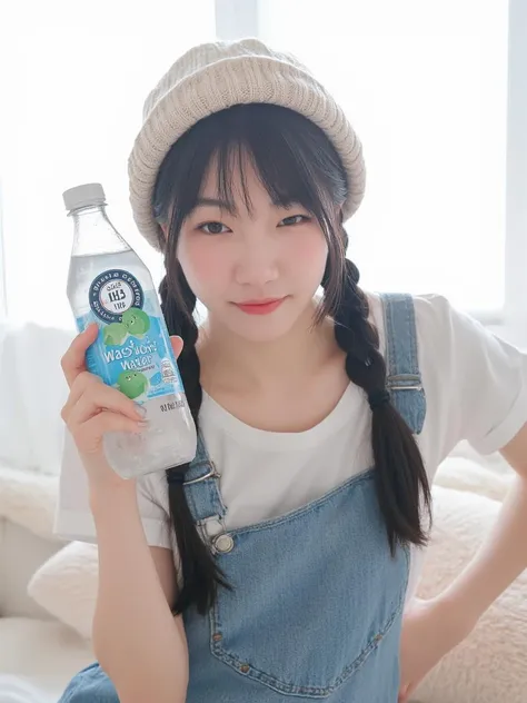 This photograph features a young woman of East Asian descent, likely in her early twenties, with fair skin and delicate features. She has long, straight black hair styled in two braids that fall over her shoulders. She wears a light beige knit beanie with a textured pattern, adding a cozy, casual touch to her outfit. Her attire includes denim overalls over a white, fitted shirt, exuding a playful, youthful vibe. Her expression is friendly, with a slight smile and a playful wink with her right eye, suggesting a sense of mischief.

In her right hand, she holds a 10 oz bottle of Waston’s water, which has a predominantly blue label with black text and a green, cartoonish fruit illustration. The bottle is positioned upright, with her fingers gripping the neck. The background is softly lit, with a large window letting in ample natural light, creating a serene and bright ambiance. The setting appears to be indoors, possibly in a living room or bedroom, as suggested by the presence of a plush, light-colored cushion or blanket in the background. The overall mood is casual and inviting, with a touch of whimsy.