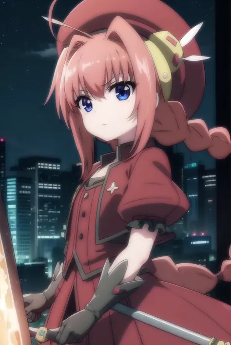 magicalgirlvita, <lora:vita movie2-lora-nochekaiser:1>,
vita, blue eyes, braid, ahoge, red hair, twin braids, rabbit hair ornament,
BREAK gloves, hat, dress, weapon, open clothes, open jacket, magical girl, red dress, cropped jacket, hammer,
BREAK outdoors, city, sky, night, starry sky, star \(sky\), moon,
BREAK looking at viewer, (cowboy shot:1.5),
BREAK <lyco:GoodHands-beta2:1>, (masterpiece:1.2), best quality, high resolution, unity 8k wallpaper, (illustration:0.8), (beautiful detailed eyes:1.6), extremely detailed face, perfect lighting, extremely detailed CG, (perfect hands, perfect anatomy),