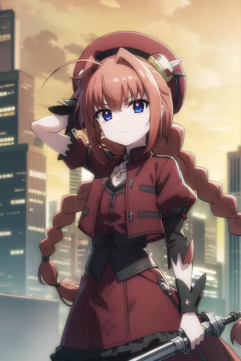 magicalgirlvita, <lora:vita movie2-lora-nochekaiser:1>,
vita, blue eyes, braid, ahoge, red hair, twin braids, rabbit hair ornament,
BREAK gloves, hat, dress, weapon, open clothes, open jacket, magical girl, red dress, cropped jacket, hammer,
BREAK outdoors, city, sky, night, starry sky, star \(sky\), moon,
BREAK looking at viewer, (cowboy shot:1.5),
BREAK <lyco:GoodHands-beta2:1>, (masterpiece:1.2), best quality, high resolution, unity 8k wallpaper, (illustration:0.8), (beautiful detailed eyes:1.6), extremely detailed face, perfect lighting, extremely detailed CG, (perfect hands, perfect anatomy),
