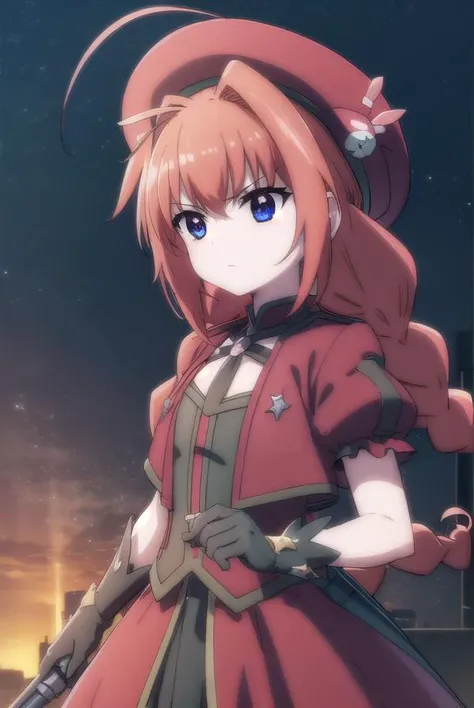 magicalgirlvita, <lora:vita movie2-lora-nochekaiser:1>,
vita, blue eyes, braid, ahoge, red hair, twin braids, rabbit hair ornament,
BREAK gloves, hat, dress, weapon, open clothes, open jacket, magical girl, red dress, cropped jacket, hammer,
BREAK outdoors, city, sky, night, starry sky, star \(sky\), moon,
BREAK looking at viewer, (cowboy shot:1.5),
BREAK <lyco:GoodHands-beta2:1>, (masterpiece:1.2), best quality, high resolution, unity 8k wallpaper, (illustration:0.8), (beautiful detailed eyes:1.6), extremely detailed face, perfect lighting, extremely detailed CG, (perfect hands, perfect anatomy),
