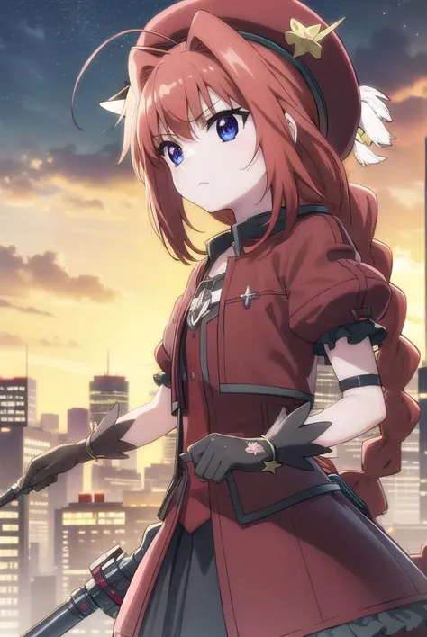 magicalgirlvita, <lora:vita movie2-lora-nochekaiser:1>,
vita, blue eyes, braid, ahoge, red hair, twin braids, rabbit hair ornament,
BREAK gloves, hat, dress, weapon, open clothes, open jacket, magical girl, red dress, cropped jacket, hammer,
BREAK outdoors, city, sky, night, starry sky, star \(sky\), moon,
BREAK looking at viewer, (cowboy shot:1.5),
BREAK <lyco:GoodHands-beta2:1>, (masterpiece:1.2), best quality, high resolution, unity 8k wallpaper, (illustration:0.8), (beautiful detailed eyes:1.6), extremely detailed face, perfect lighting, extremely detailed CG, (perfect hands, perfect anatomy),