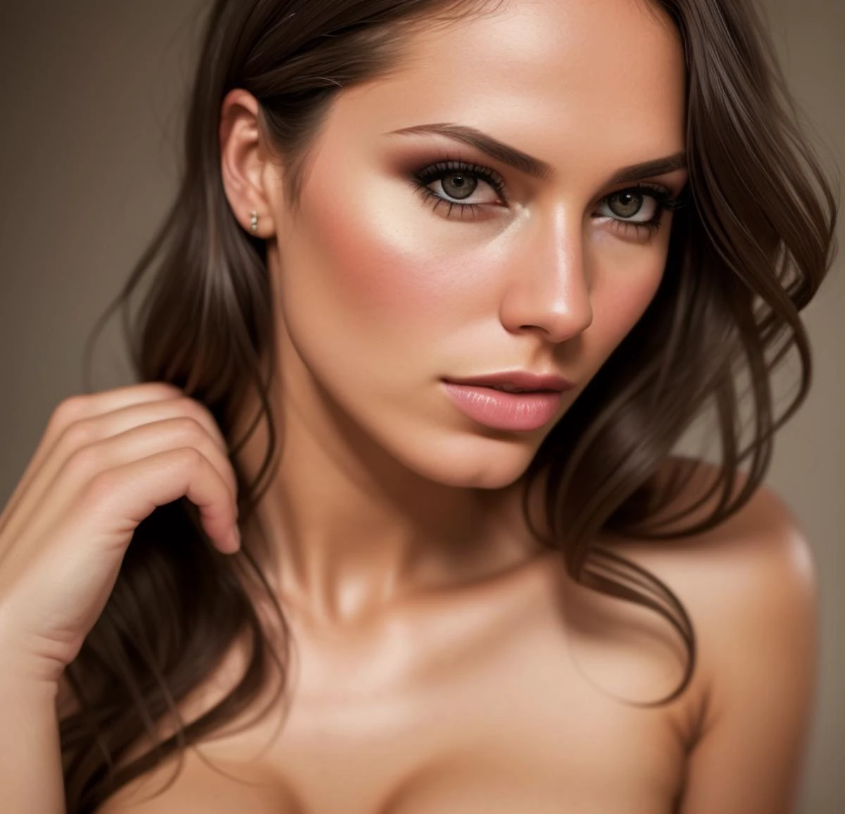 brunette, woman, cute, young, high quality, photorealistic, realistic human <lora:epicrealism_naturalSinRC1VAE:1>, strong jaw , big Cheekbone, , ambar eyes, hyperdetailed photography, soft light, ultra high res , adding mystery and sensuality, <lora:POVAssGrab:1>