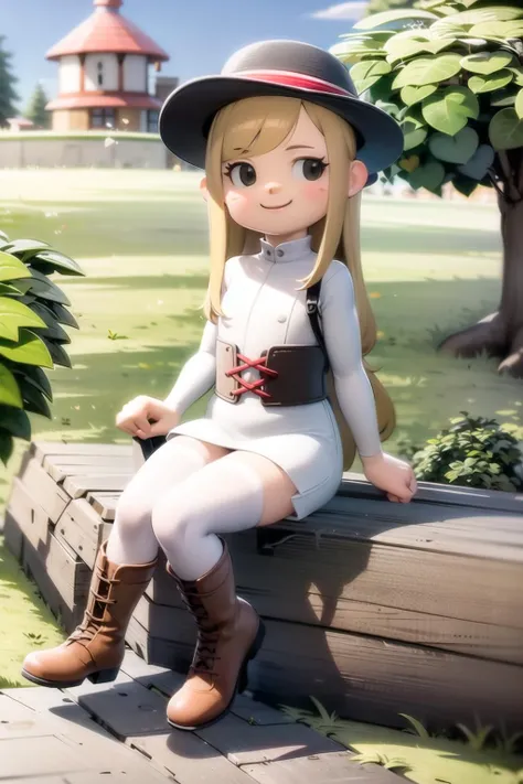 masterpiece, best quality, 1girl, tree, solo, outdoors, brown footwear, day, sky, sitting, cloud, house, black hair, grass, smile, blue sky, black eyes, heart, building, window, bush, boots, rock, blonde hair, very long hair, white corset, white dress, white thighhighs <lora:ach02:1>