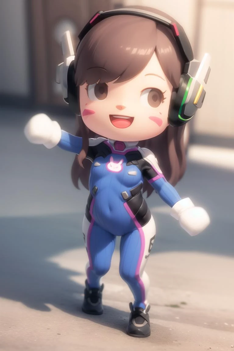 3d, cg, 1girl, solo, aahana, long hair, brown hair, headphones, whisker markings, shoulder pads, blue bodysuit, ribbed bodysuit, animal print, clothes writing, long sleeves, white gloves, <lora:d.va_v1:0.8>, full body, medium breasts, wide hips, thick thighs, skintight, :D, dancing, <lora:ach02-000010:0.9> chibi