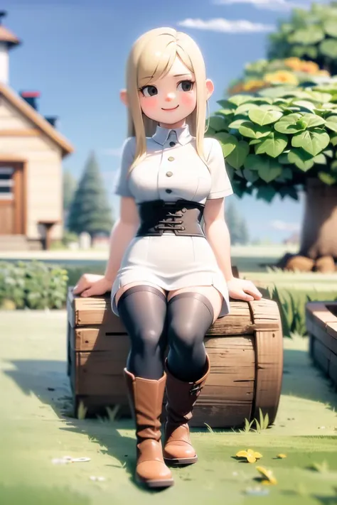 1girl, tree, solo, medium breasts, outdoors, brown footwear, day, sky, sitting, cloud, house, grass, smile, blue sky, black eyes, heart, building, window, bush, boots, rock, blonde hair, very long hair, white corset, white dress, white thighhighs <lora:ach02:1>