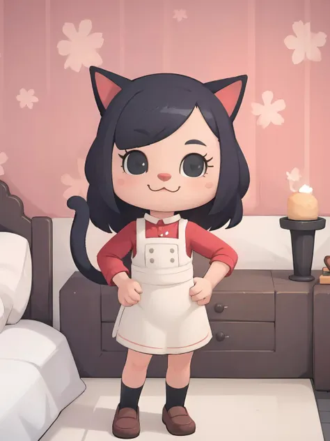 masterpiece, best quality,
1girl, chibi, solo, standing, arm up, cat ears, :3, pinafore dress, contrapposto, hands on hips, long hair, bedroom, pink bed,
<lora:animal_crossing02-000010:1>