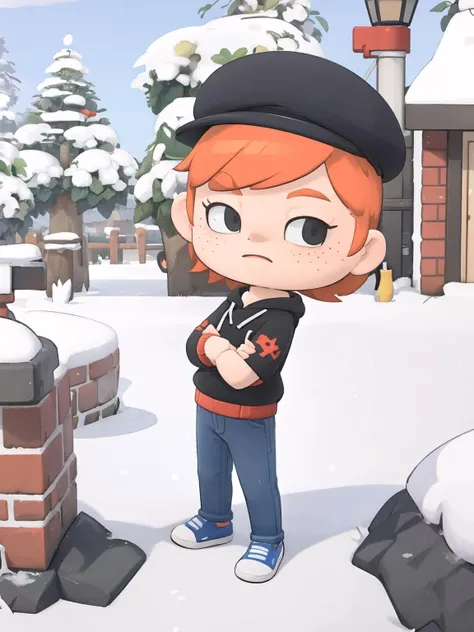 masterpiece, best quality,
1boy, chibi, solo, standing, crossed arms, jeans, hoodie, freckles, orange hair, outdoors, snow, brick fence, short hair,
<lora:animal_crossing02-000010:1>