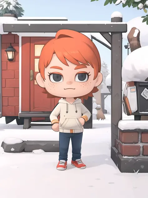 masterpiece, best quality,
1boy, chibi, solo, standing, crossed arms, jeans, hoodie, freckles, orange hair, outdoors, snow, brick fence, short hair,
<lora:animal_crossing02-000010:1>