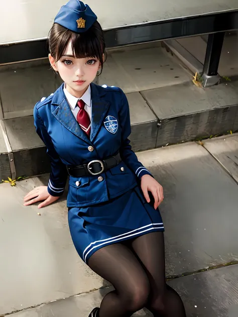 (extremely detailed CG), (best quality), perfect face, shiny skin, lustrous skin, wide hips, narrow waist, solo <lora:KirikoDrive-10:0.7> ,KirikoDrive, bangs, panties under pantyhose,black footwear,pencil skirt,boots,blue headwear,blue skirt, black pantyhose, jacket,red necktie,short hair,black hair,belt,policeweoman,skirt,pantyhose, police uniform, necktie, hat, uniform