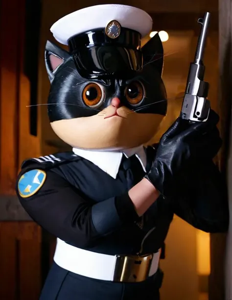 Photo-realistic high resolution photography of Intricate semi-realistic high resolution painting of simple blank and white background, dramatic cinematic lighting, rim lighting, hatefull expression on <lora:heimao-xl-lyco:0.8> heimao holding up a (colt revoler handgun:1.2), peaked cap, black police uniform, gloves, black furs <lora:Colt revolver handgun:0.8> squatting legs spread arms raised behind head, (enormously gigantic breasts:1.3), wide hips, thicc legs, professionally-rendered shadings and texturing, smooth blending, bokeh, LDSR, Depth of Field