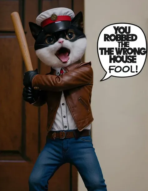 SDXL_2D_Zip, SDXL_Realism_Zip, dramatic cinematic lighting, in doors, solo, hateful expression on <lora:heimao-xl-lyco:0.8> black furred heimao holding a huge baseball bat up, winding it behind back, peaked cap, brown leather jacket and jeans, shouting, a floating text box with the text "You robbed the wrong house, FOOL!"