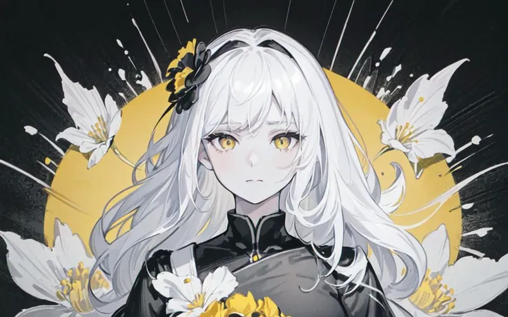 (best quality, masterpiece), (1girl, solo, black suit, standing , looking at viewer, white hair, yellow eyes, closed mouth, upper body), (Monochrome, giant black bouquet background, floral_background)