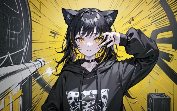 (best quality, masterpiece), (1girl, solo, cat ear black hood, standing, yellow eyes, black hair, leaning, upper body), (Monochrome, less light, black yellow room, Yellow graffiti behind, disorderly spray cans),