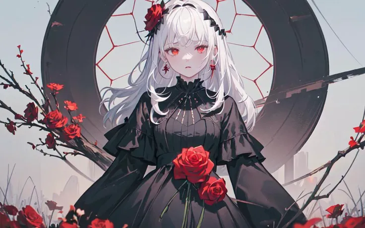 (best quality, masterpiece), (1girl, solo, black dress, standing , looking at viewer, white hair, red eyes, holding rose, upper body), (red dreamcatcher behind, red flower, ,starlight sky )