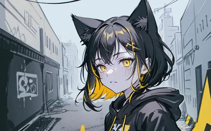 (best quality, masterpiece), (1girl, solo, cat ear black hood, standing, yellow eyes, black hair, leaning, upper body), (Monochrome, less light, black yellow room, Yellow graffiti behind, disorderly spray cans),