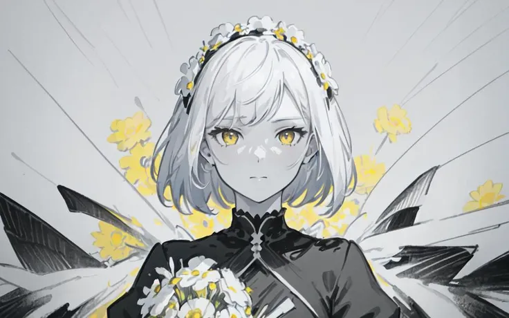 (best quality, masterpiece), (1girl, solo, black dress, standing , looking at viewer, white hair, yellow eyes, closed mouth, upper body), (Monochrome, giant bouquet background, floral_background)