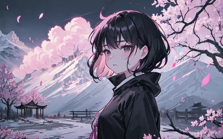 (best quality, masterpiece),(1girl, miko, coat, expression face, black eyes, looking at front ,black hair, walking, upper body), (night strray sky, huge old tree behind, falling glowing pink petals behind, shrine behind, mountain background, blowing wind, meteoric cloud)