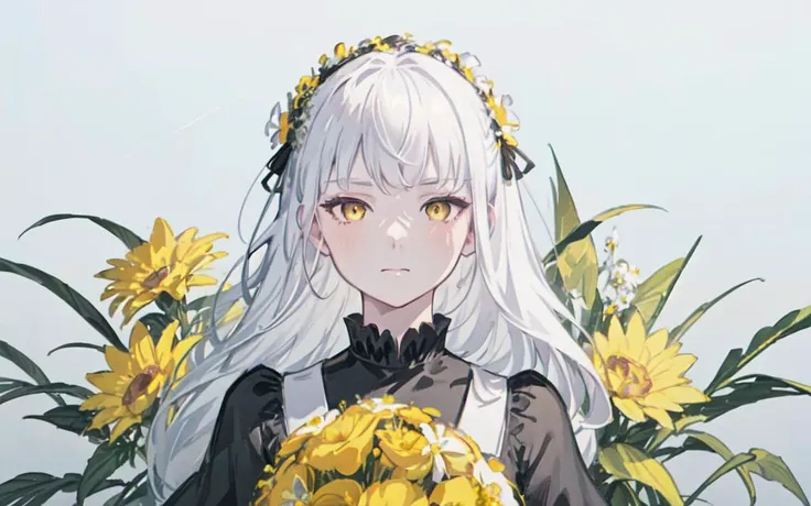 (best quality, masterpiece), (1girl, solo, black dress, standing , looking at viewer, white hair, yellow eyes, closed mouth, upper body), (giant bouquet background, floral_background)