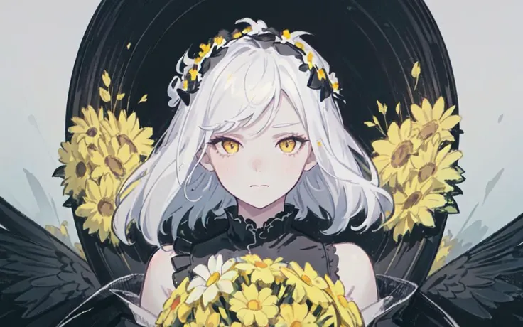 (best quality, masterpiece), (1girl, solo, black dress, standing , looking at viewer, white hair, yellow eyes, closed mouth, upper body), (giant bouquet background, floral_background)