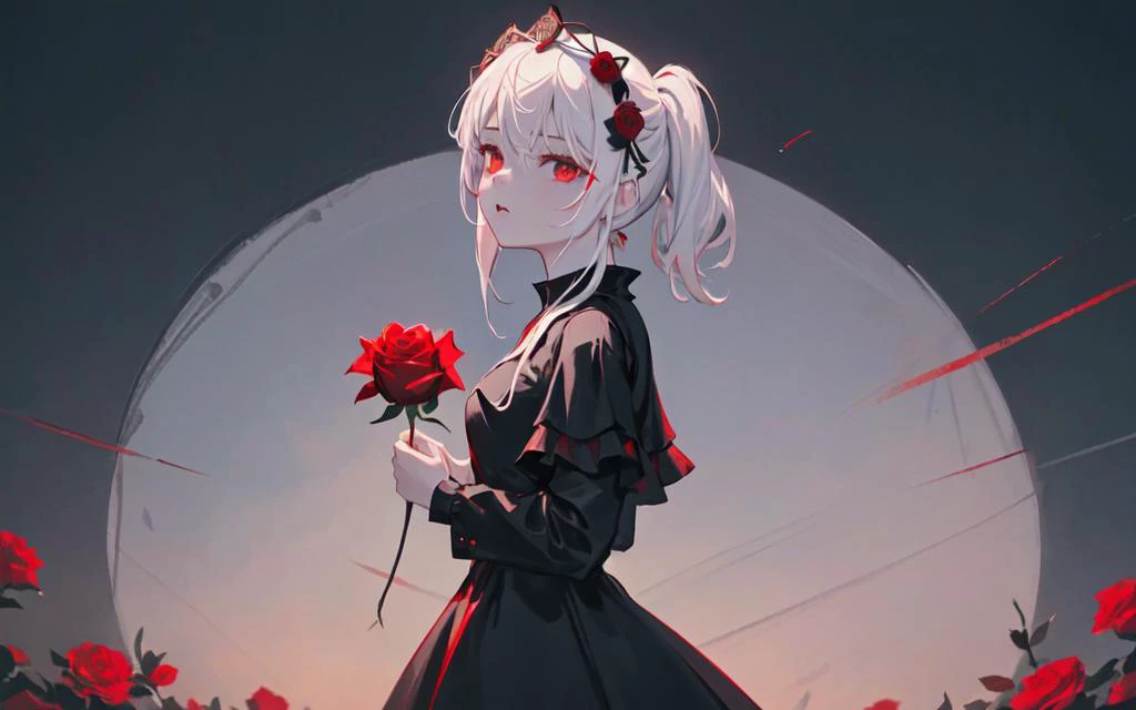 (best quality, masterpiece), (1girl, solo, black dress, standing , looking at viewer, white hair, red eyes, holding rose, upper body), (red dreamcatcher behind, red flower, ,starlight sky )